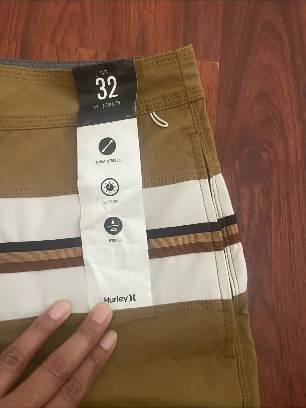 Hurley Men's Khaki Swim Shorts with White and Brown Stripes